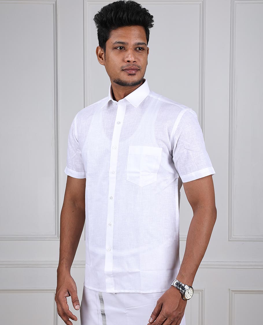 Minister White rich cotton plain design short-sleeve & patch pocket regular fit cotton white shirt