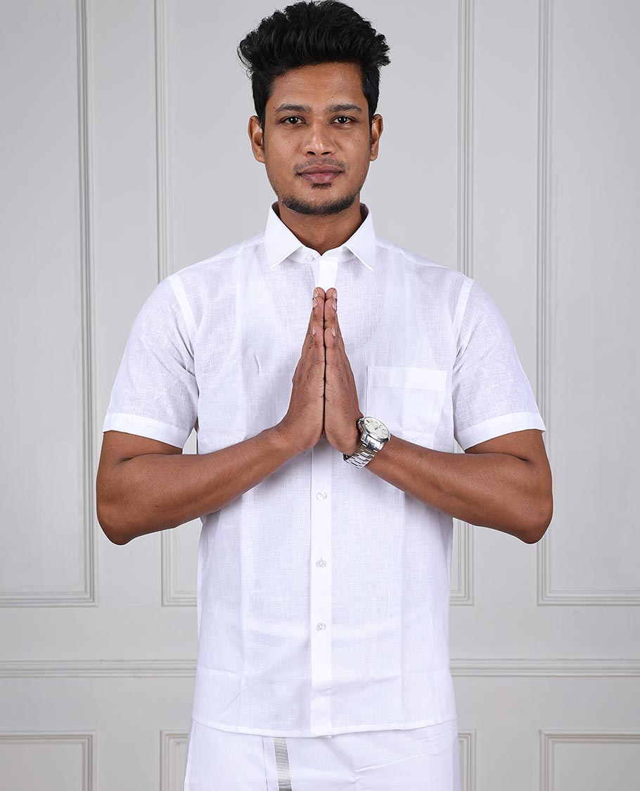 Minister White rich cotton plain design short-sleeve & patch pocket regular fit cotton white shirt