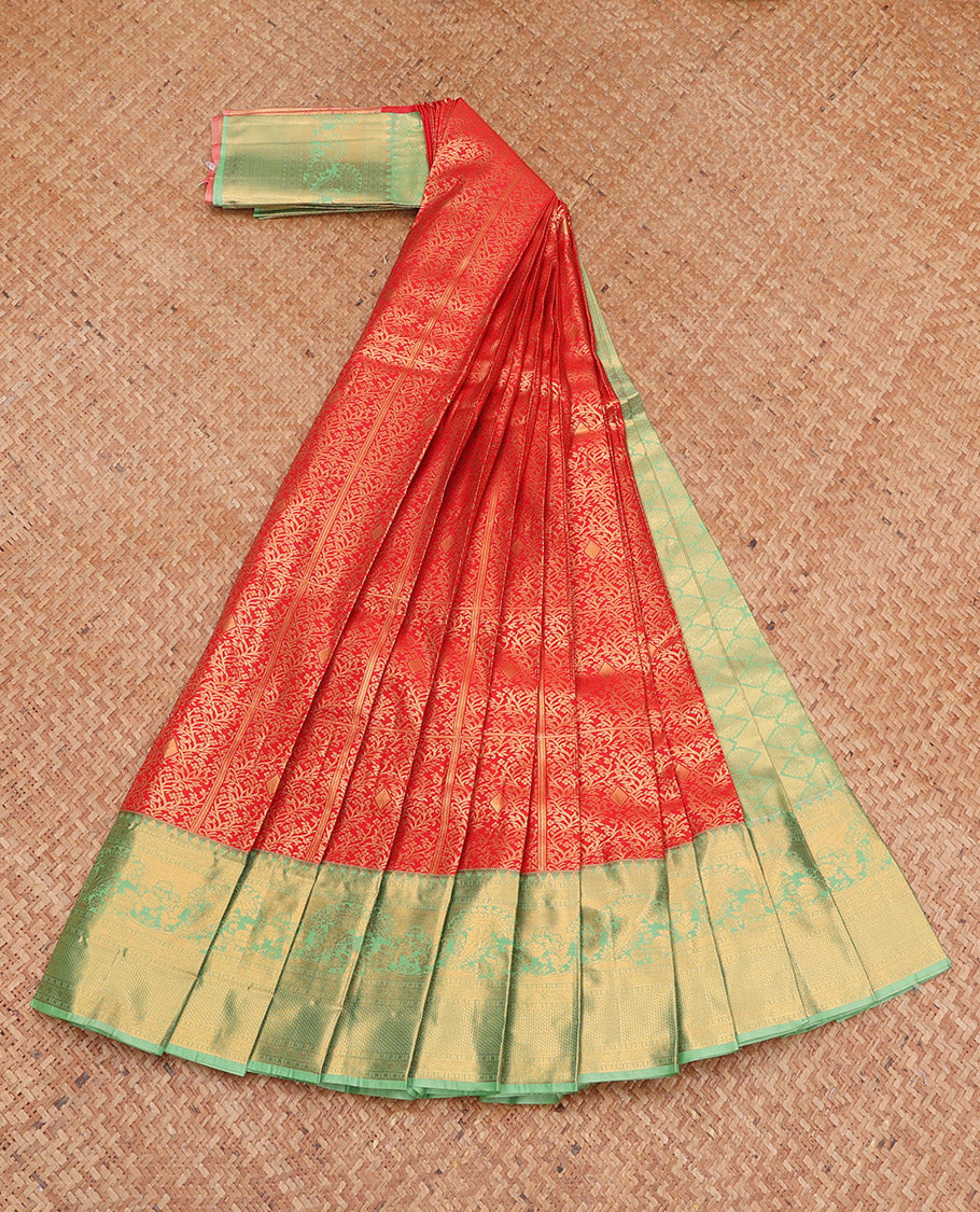Red Budget Silk Saree, Bedecked with Jacquard Design, Complemented by a Contrast Traditional Zari Border, Grand Pallu, and a Contrast Blouse