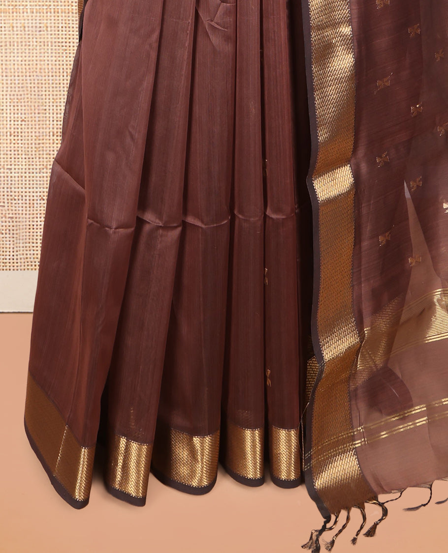 Brown Maheshwari Cotton Saree, Enriched with Zari Buttas, a Traditional Zari Border, Zari Woven Pallu, and a Matching Blouse