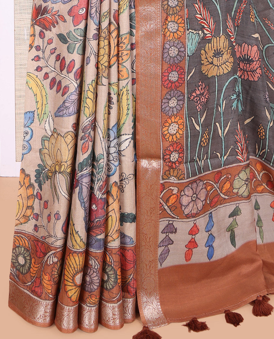 Pale Brown Kalamkari Printed Fancy Tussar Saree