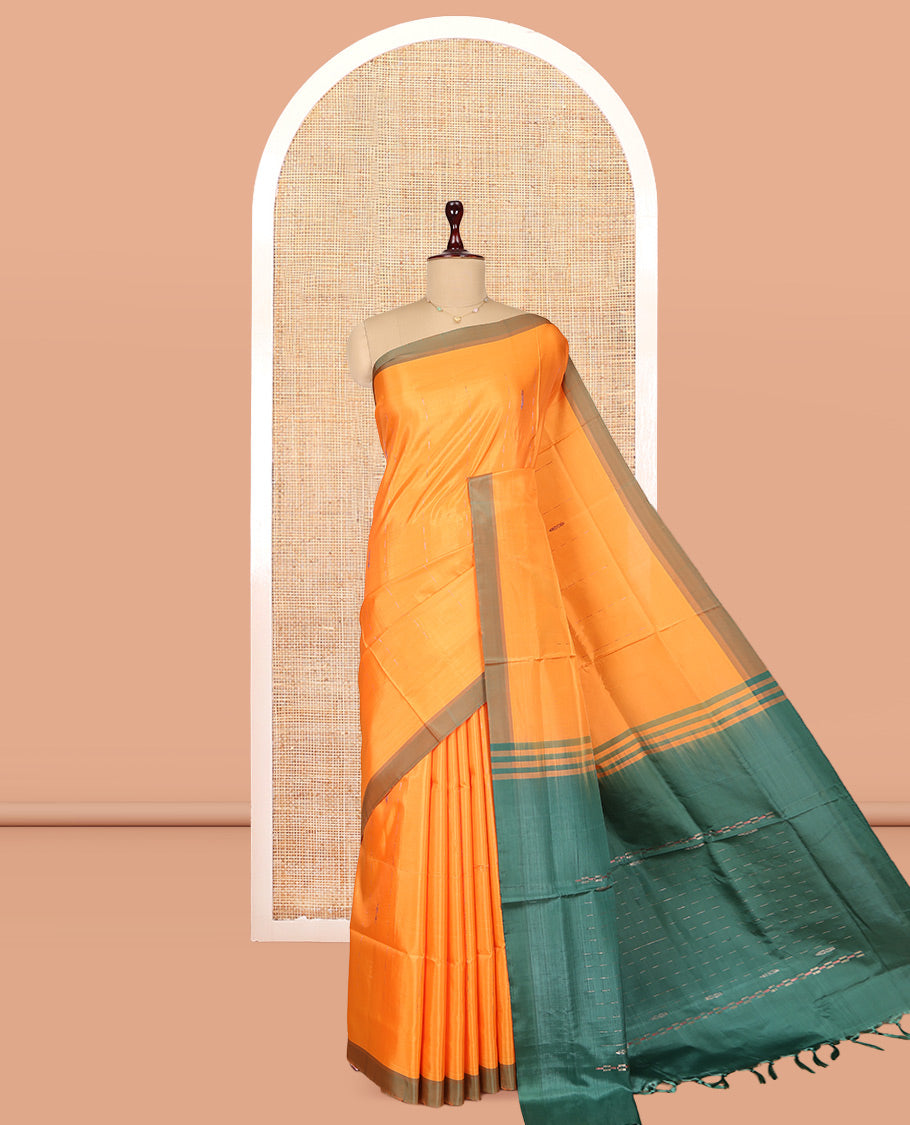 Orange Banana Pith Saree, Sparsely Threaded with Buttas, a Contrast Border, Pallu of Stripes, and a Contrast Blouse