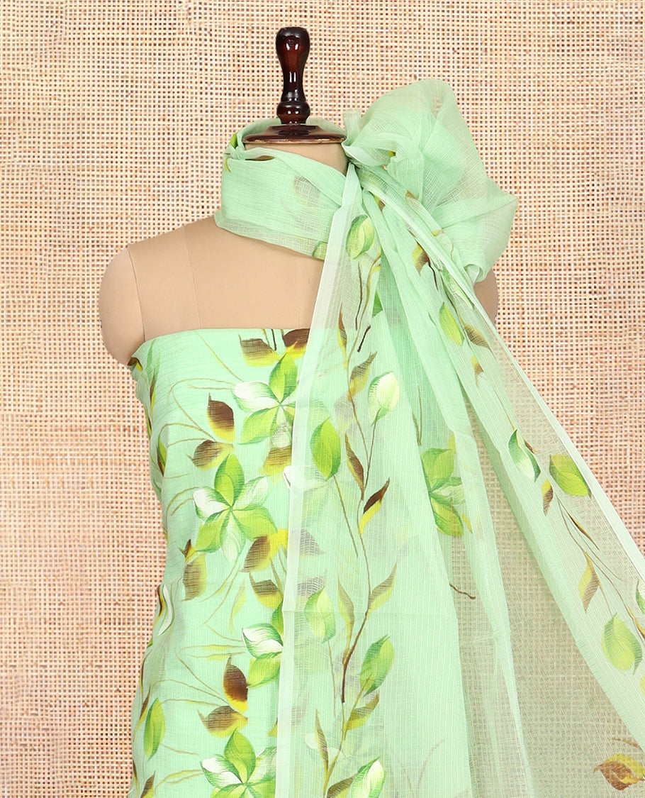 Pista Green Net Kota Material Churidar, Adorned with Hand-Brush Painting Floral Printed Top, a Plain Bottom, and Hand-Brush Floral Printed Dupatta