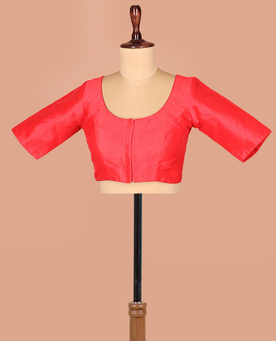 Red Plain Readymade Blouse, Featuring Front Round Neck, Back Round Neck, and Elbow Sleeves