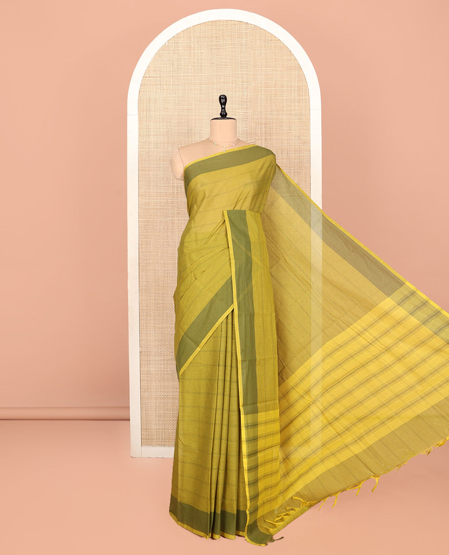 Green Striped Andhra Cotton Saree, Complemented by a Contrast Border, Striped Pallu, and a Matching Blouse