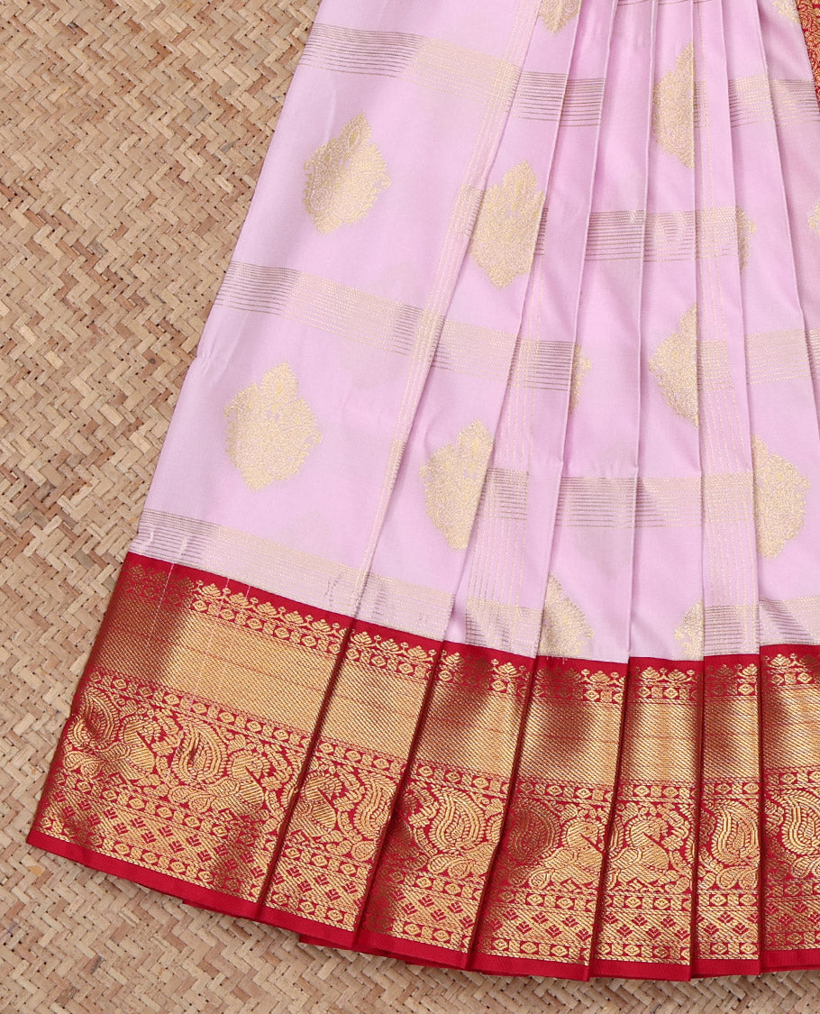 Baby Pink Budget Silk Saree, Subtly Enriched with Zari Buttas Enclosed Checks All Over Its Body, Complemented by a Contrast Traditional Zari Border of Peacock Designs, Pallu of Mughal-Style Intricate Designs, and Paired with a Contrast Blouse