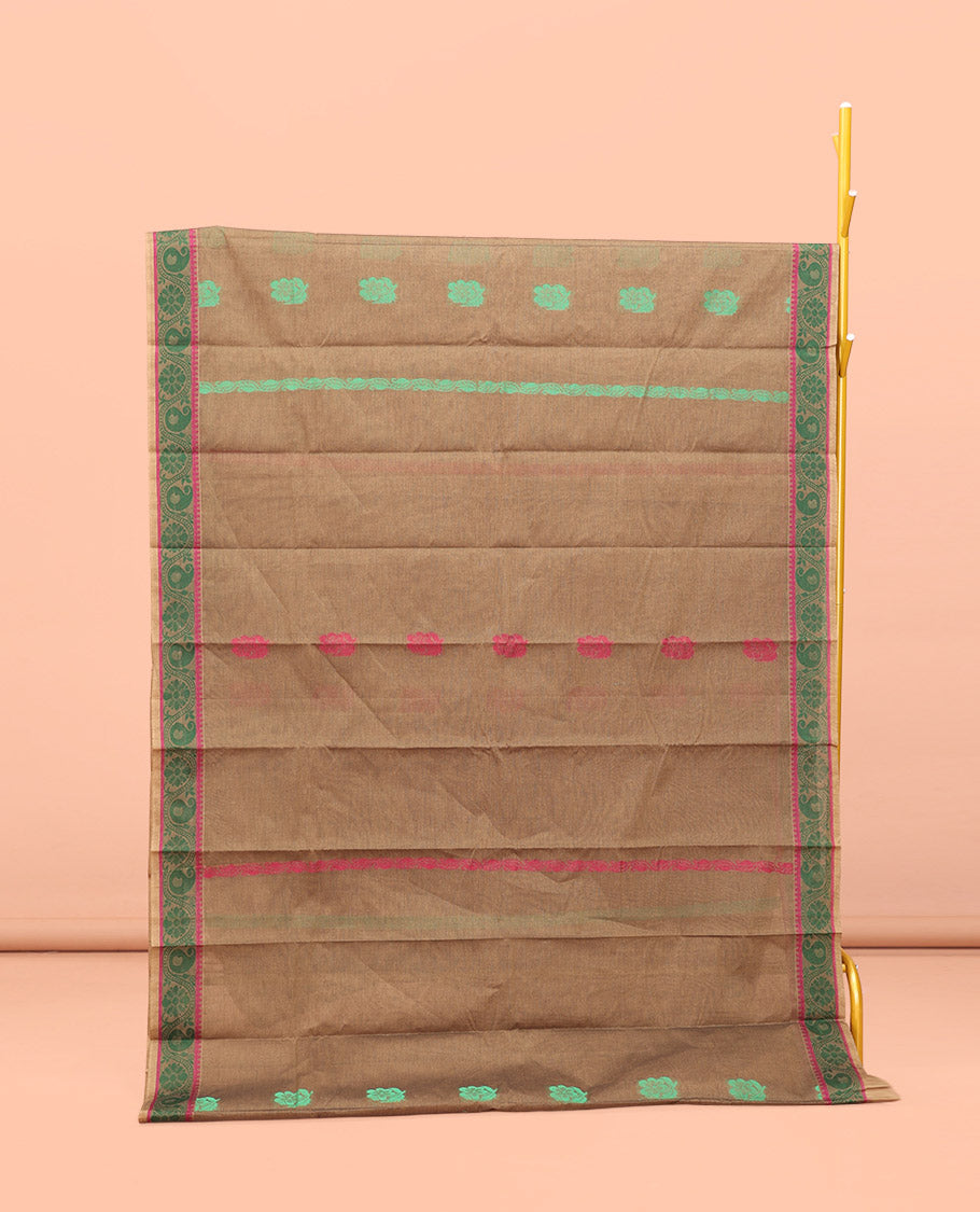Brown Kanchi Cotton Saree, Adorned with Thread Buttas All Over Its Body, a Self-Border of Floral and Paisley Designs, Pallu of Intricate Designs, and Paired with a Matching Blouse