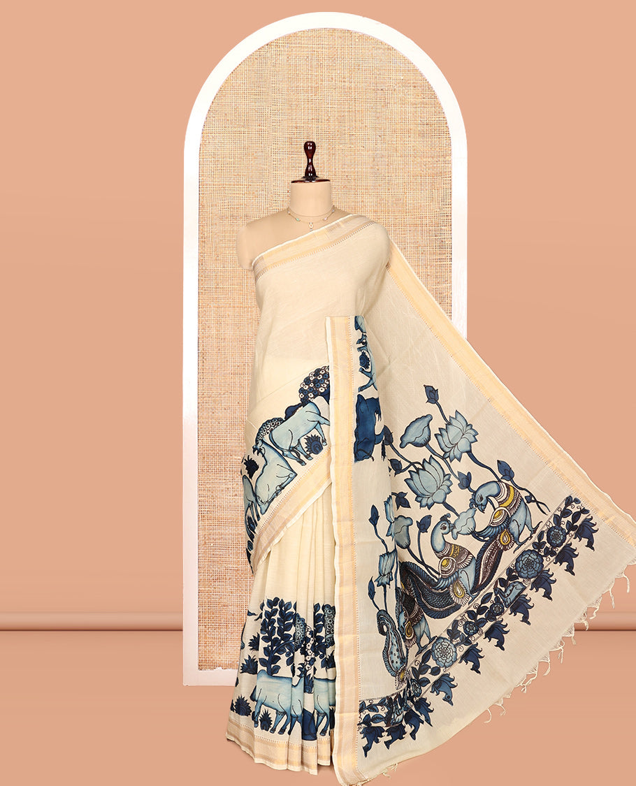 Cream Kalamkari Silk Saree, Crafted with Flora-Fauna Motifs, a Traditional Zari Border, Peacock Kalamkari Pallu, and a Matching Blouse