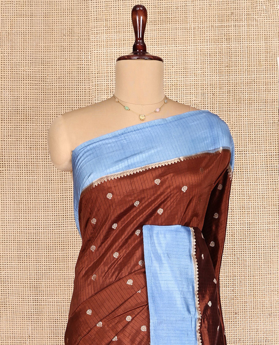 Brown Dupion Silk Saree, Delicately Woven with Buttas and Stripes, Complemented by a Contrast Traditional Zari Border, Zari Striped Pallu, and a Contrast Blouse