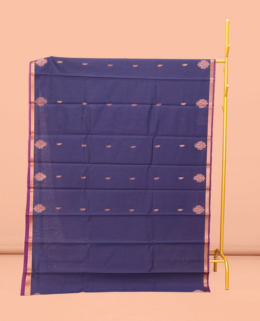 Blue Semi-Silk Cotton Saree, Enlivened with Zari Buttas All Over Its Body, Complemented by a Subtle Piping Zari Border, Pallu of Butta Enclosed Checked Designs, and Paired with a Contrast Blouse