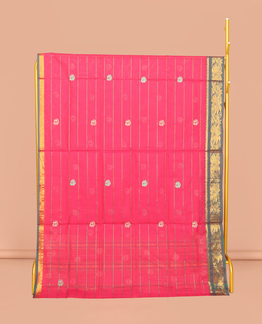 Pink Venkatagiri Cotton Saree Features Buttas and Stripes, a Contrast Floral Creeper Zari Border, Pallu of Buttas and Stripes, and No Blouse