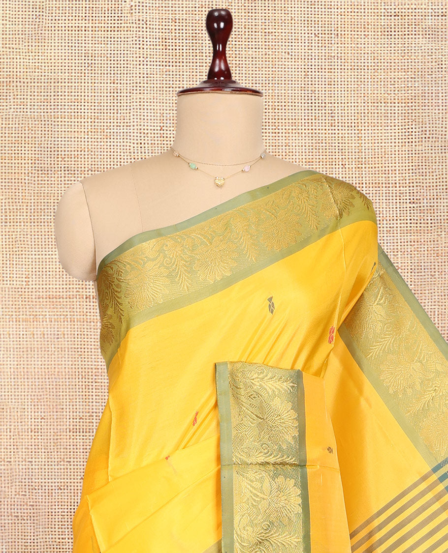 Yellow Banana Pith Saree, Woven with Buttas, a Contrast Floral Zari Border, Pallu of Stripes and Buttas, and a Contrast Blouse