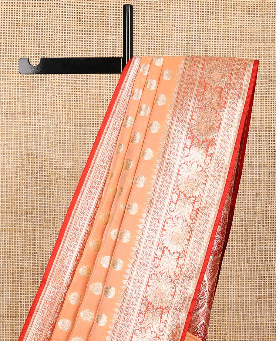 Peach floral buttas semi banaras nylon saree with contrast traditional zari design border & floral zari design pallu
