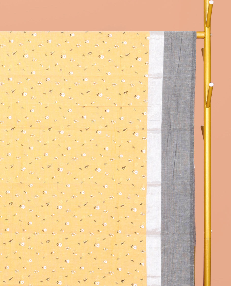 Yellow Chirala Cotton Saree, Steeped with Buttas, a Contrast Floral Border, Printed Pallu, and a Contrast Blouse