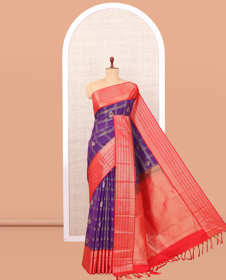Purple-Red Checks Budget Silk Saree