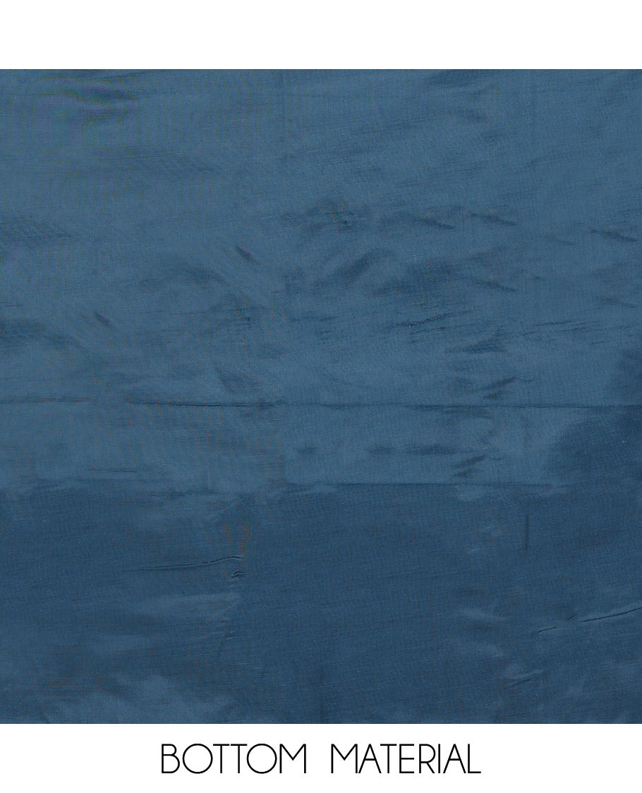 Blue Material Chudidar Set, Subtly Woven with Lucknowi Chikankari-Style Floral-Leaf Neck Embroidery on Muslin Top, a Plain Santoon Bottom, and Paired with a Lucknowi Chikankari-Style Embroidered Muslin Scallop Dupatta