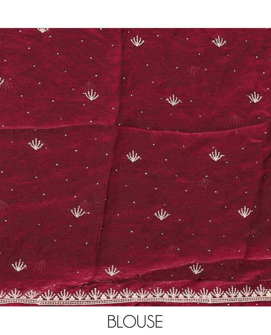 Wine Banarasi Half-Saree, Opulently Embellished with Embroidered Skirt, a Floral Embroidered Border, a Matching Blouse, and Contrast Scallop Embroidered Dupatta