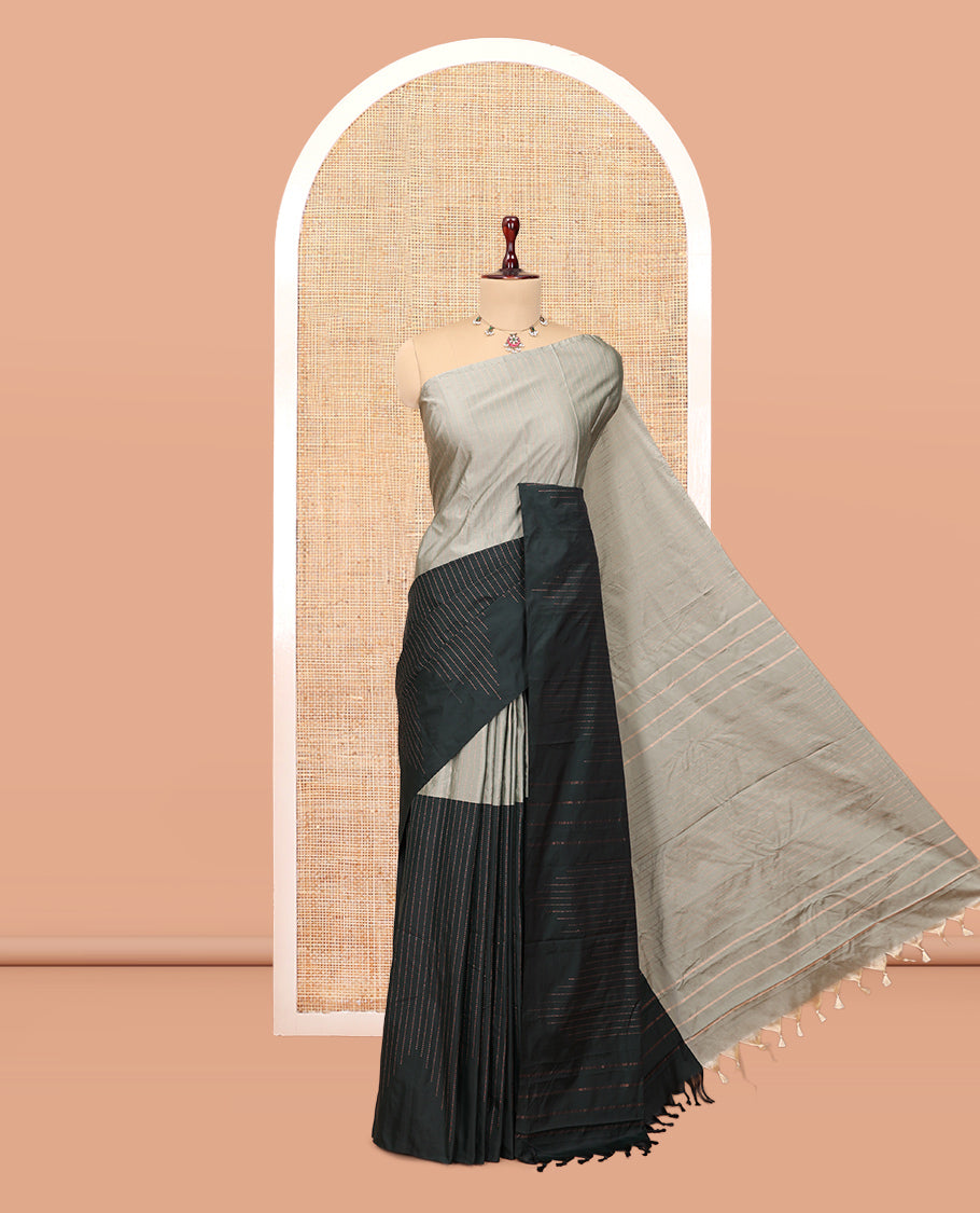 Borderless Black-Grey Arani Saree, Elevated with Zari Stripes, a Zari Design Pallu, and a Contrast Blouse