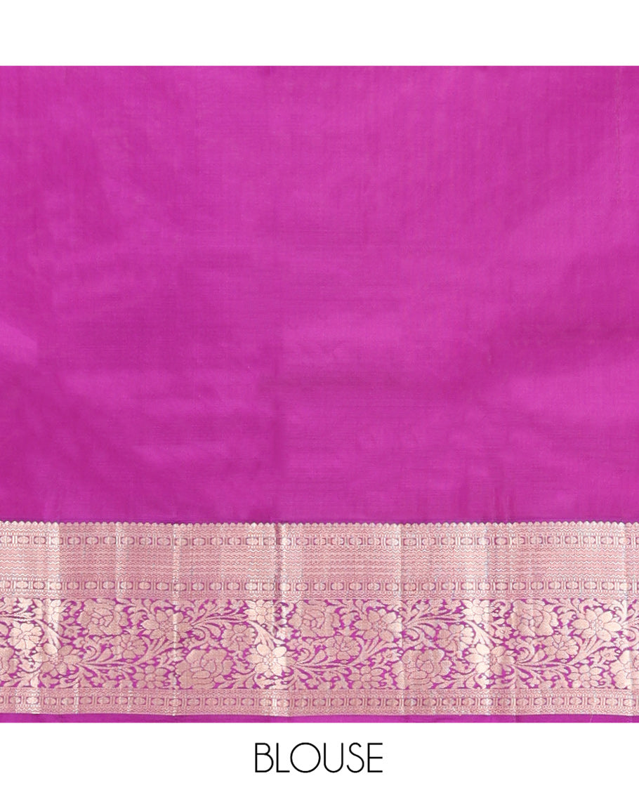 Yellow Vasundhara Silk Saree, Subtly Enriched with Zari Buttas All Over Its Body, Complemented by Contrast Border of Neli, Muthu, Poun, and Kodi Visiry Designs, Grand Pallu, and Paired with a Contrast Blouse