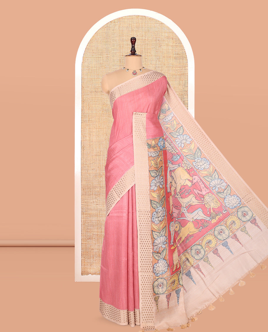 Pink Plain Fancy Tussar Silk Saree, Contrast Triangle Motif Border, Pallu of Kalamkari Animal Motifs, and Contrast Kalamkari Printed Blouse