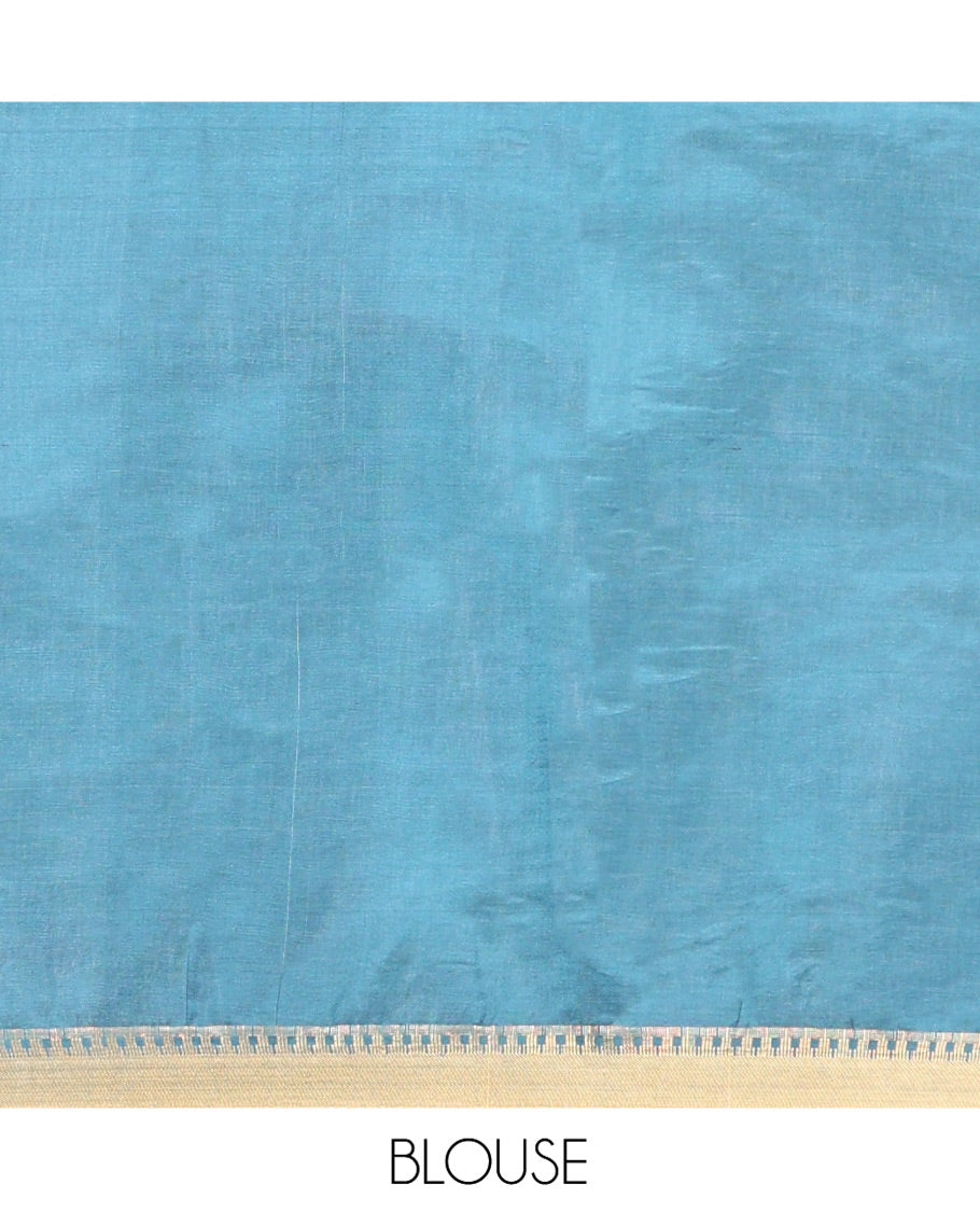 Blue Banana Pith Saree, Woven with Square Buttas All Over Its Body, Highlighted by a Zari Temple Border, Gleaming Zari Striped Pallu, and Paired with a Matching Blouse
