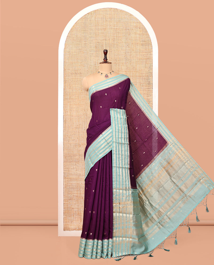 Purple Assam Silk Saree, Adorned with Zari Buttas, Complemented by Contrast Traditional Zari Border, Striped Pallu, and a Contrast Blouse