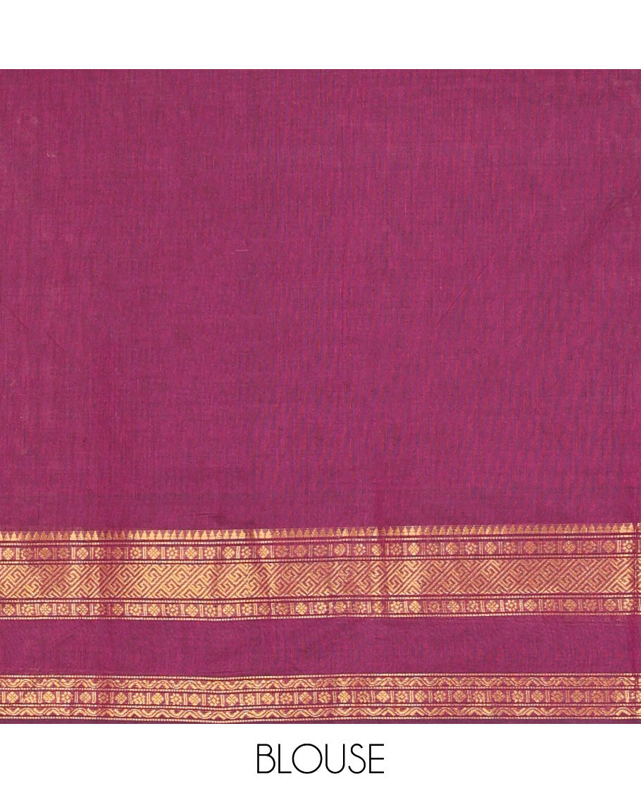 Light Purple Plain Chettinad Cotton Saree, Highlighted by a Traditional Zari Border, Striped Pallu, and a Matching Blouse