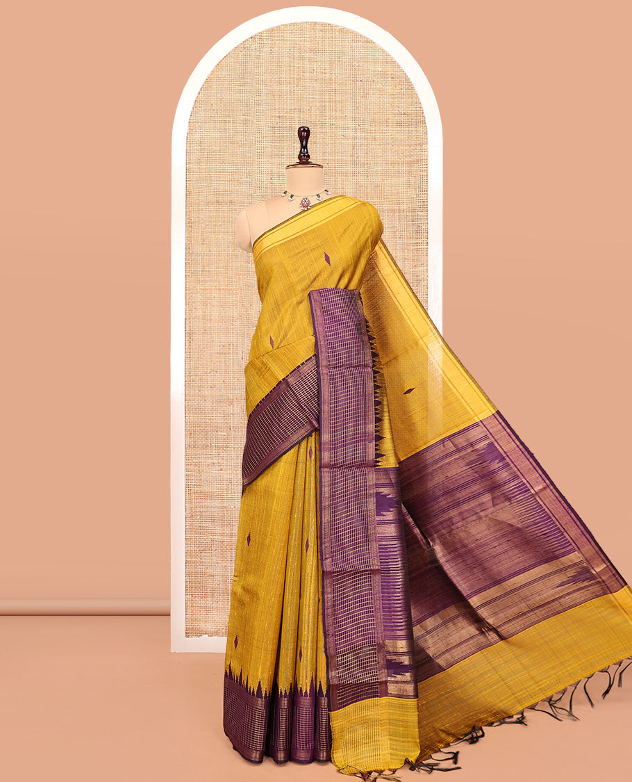 Yellow Dupion Silk Saree, Adorned with Buttas, Complemented by Contrast Temple-Checked Border, Temple Pallu, and a Contrast Blouse
