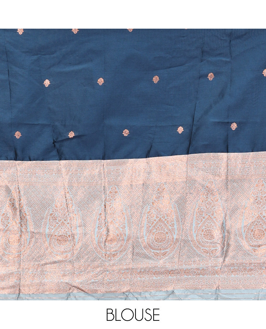 Blue Art Silk Half Saree Features Buttas Steeped Skirt, Complemented by Contrast Traditional Border, Contrast Blouse, and a Embroidery Scallop Dhavani