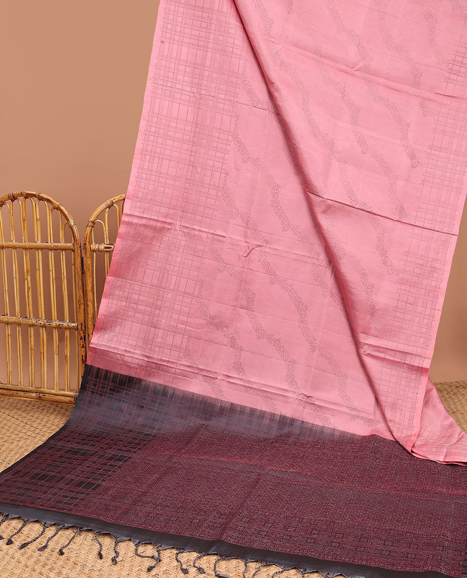 Pink diagonal floral creeper soft silk saree, checked design border & contrast pallu of jaal designs