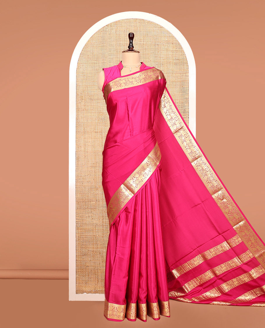 Pink Plain Mysore Silk Saree, Highlighted by a Traditional Zari Border of Yaali Designs, Pallu Steeped with Traditional Designs, and Paired with a Matching Blouse