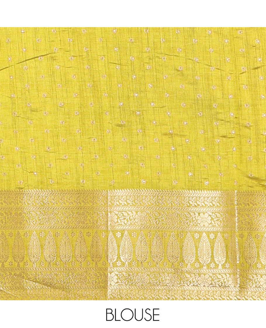 Cream-Green Semi-Tussar Saree Features 1000 Buttas, a Contrast Traditional Border, and Contrast Blouse