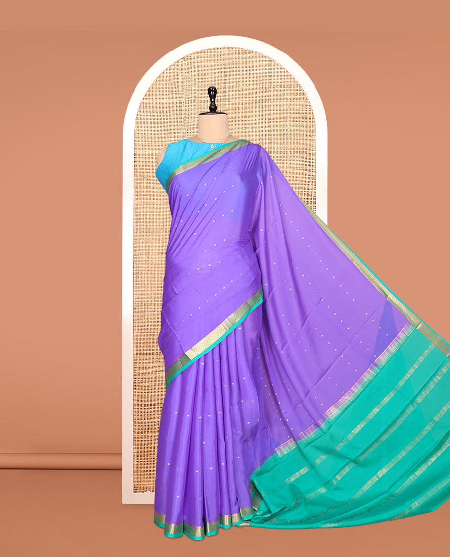Lavender Mysore Silk Saree, Elevated with Zari Buttas, Complemented by a Contrast Traditional Zari Border, Zari Striped Pallu, and a Contrast Blouse