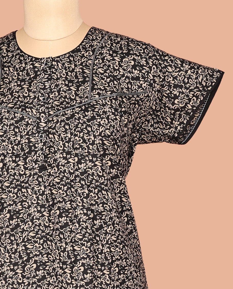 Black Floral Print Cotton Blended Nighty