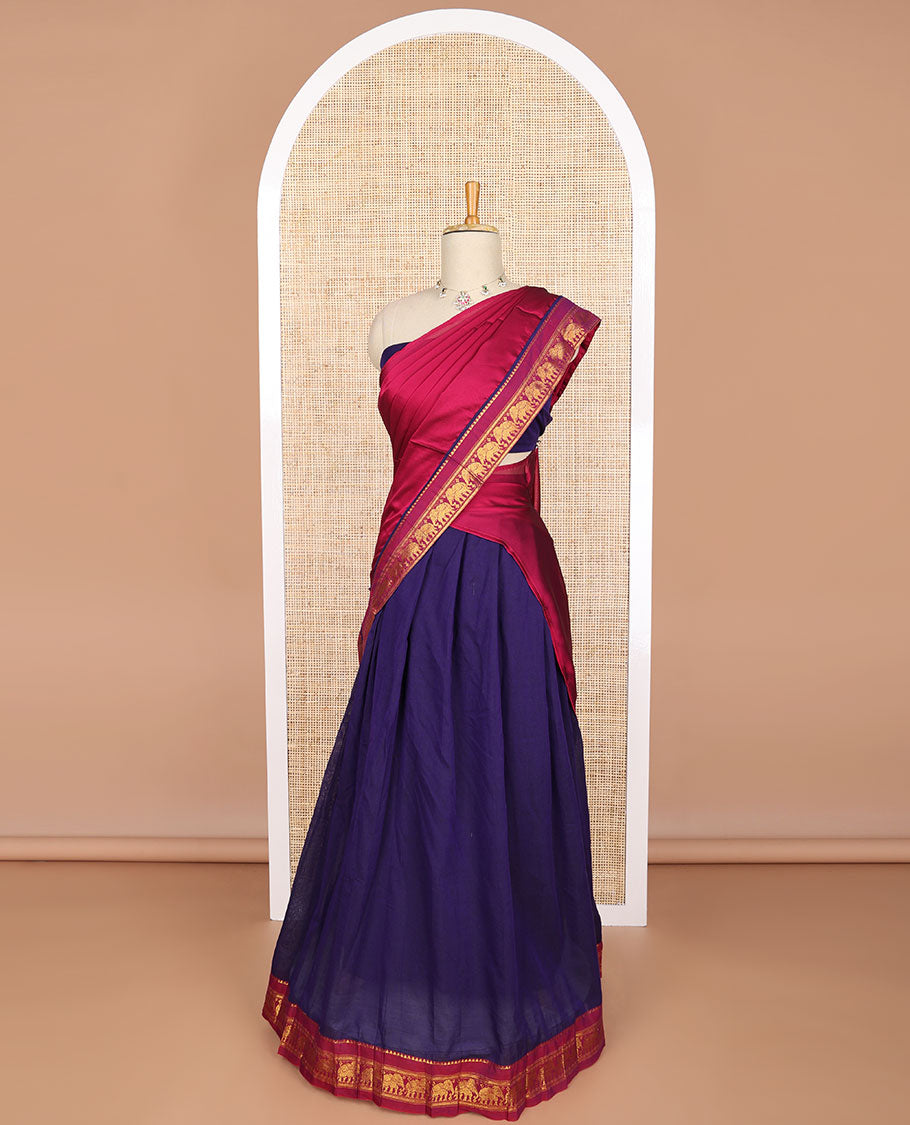 Dark blue cotton half saree with contrast temple, elephant design border, zari design blouse & zari design dhavani