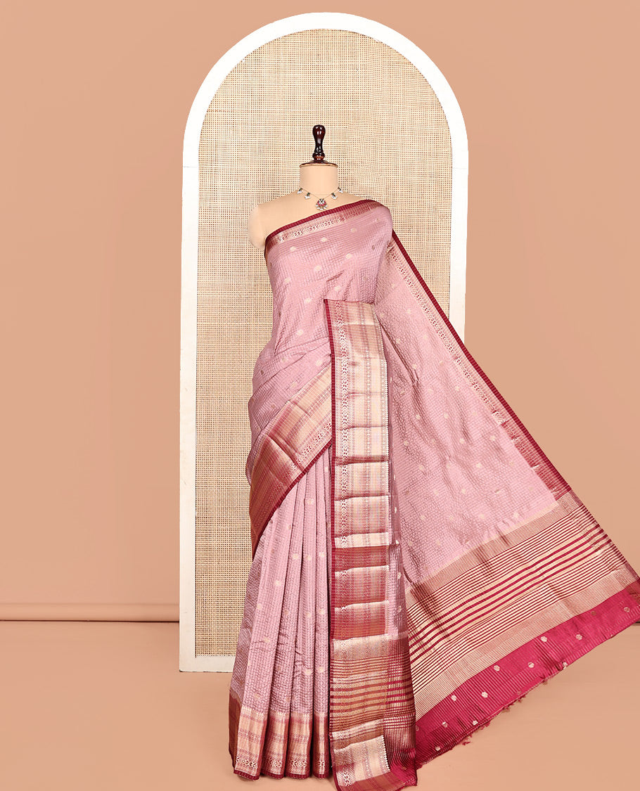 Pink Semi-Banarasi Dupion Saree, Embellished with Zari Buttas and Checks, a Contrast Traditional Zari Design Border, Striped Pallu, and a Contrast Blouse