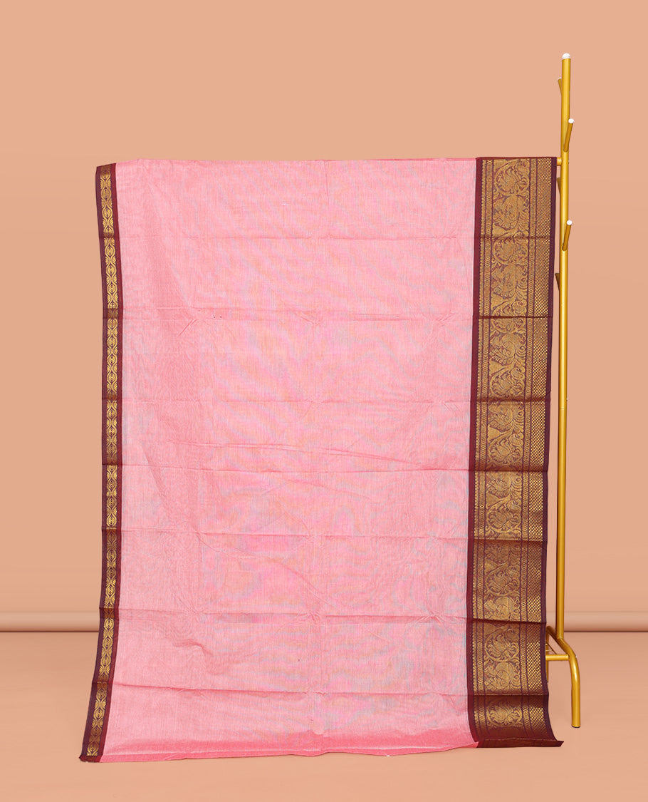 Pink Plain Chettinad Cotton Saree, Complemented by a Contrast Traditional Zari Border of Floral Creeper Design, Subtly Striped Pallu, and Paired with a Matching Blouse