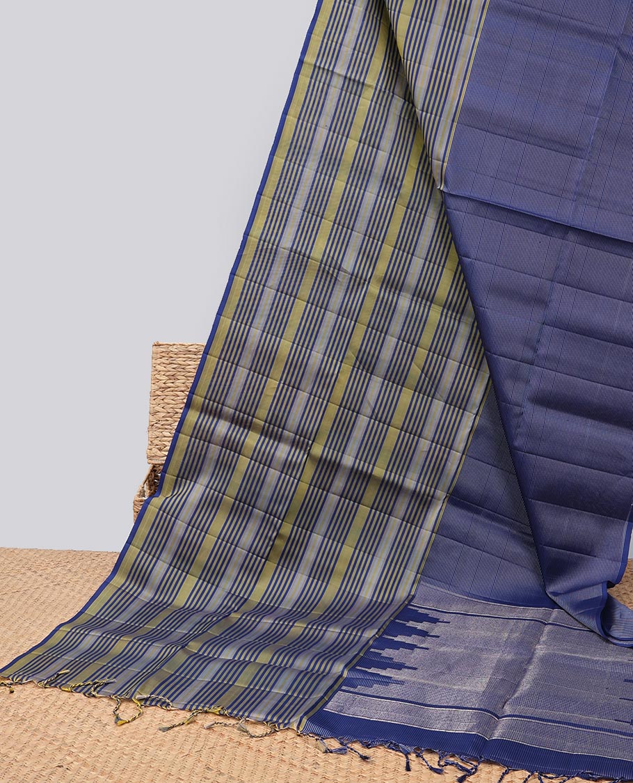 Blue striped mayuri soft silk saree with self striped border & zari design pallu