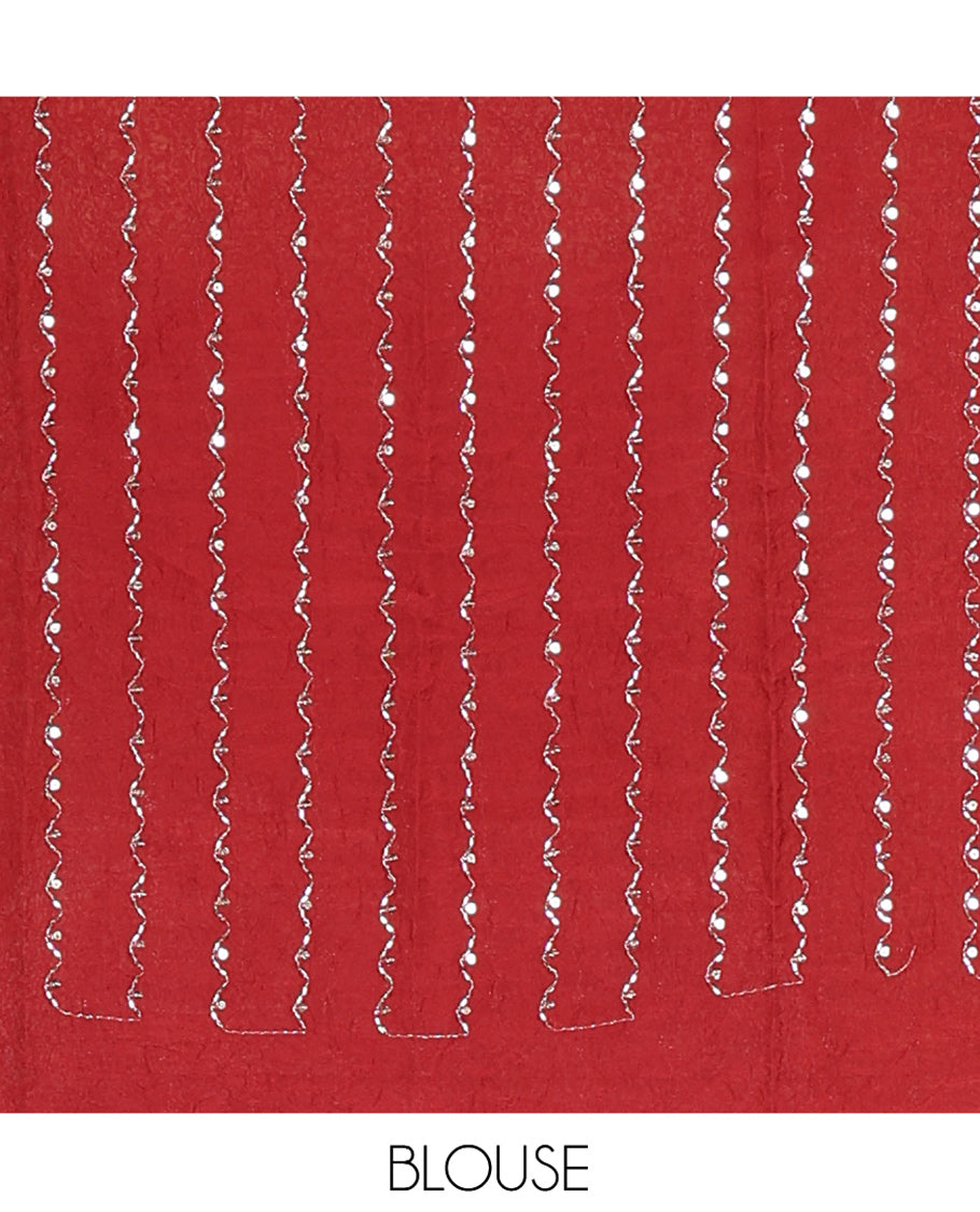 Borderless White-Maroon Rangoli Chiffon Saree, Gleamed Up with Foil-Printed Leheriya Stripes, a Contrast Sequins Blouse