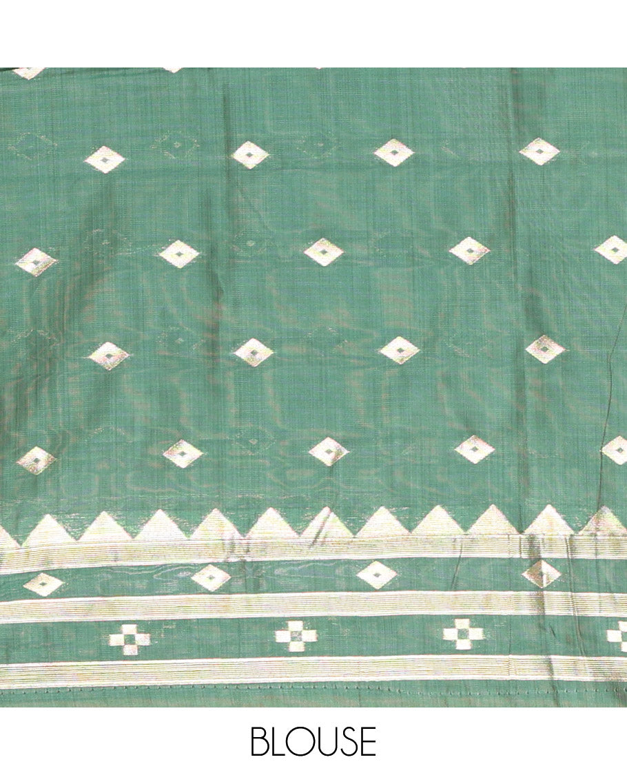 Mehendi Jute Cotton Saree, Adorned with Diamond Meena Buttas All Over Its Body, Complemented by a Contrast Border, Pallu of Jamdhani-Style Floral Designs, and Paired with a Contrast Blouse