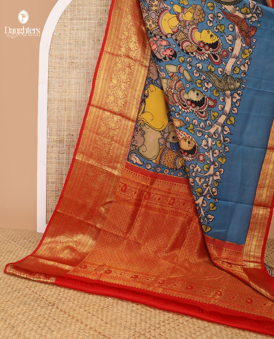 Blue human, animal design kalamkari silk saree with contrast intricate zari design border & floral jaal design pallu