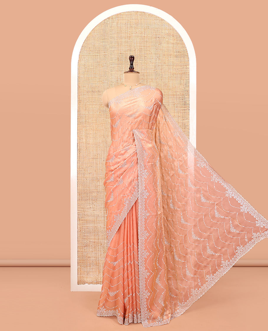 Peach Designer Saree, Meticulously Crafted with Stone Work All Over Its Body, Scallop Embroidered Border, Intricately Embroidered Pallu, and Paired with a Matching Blouse