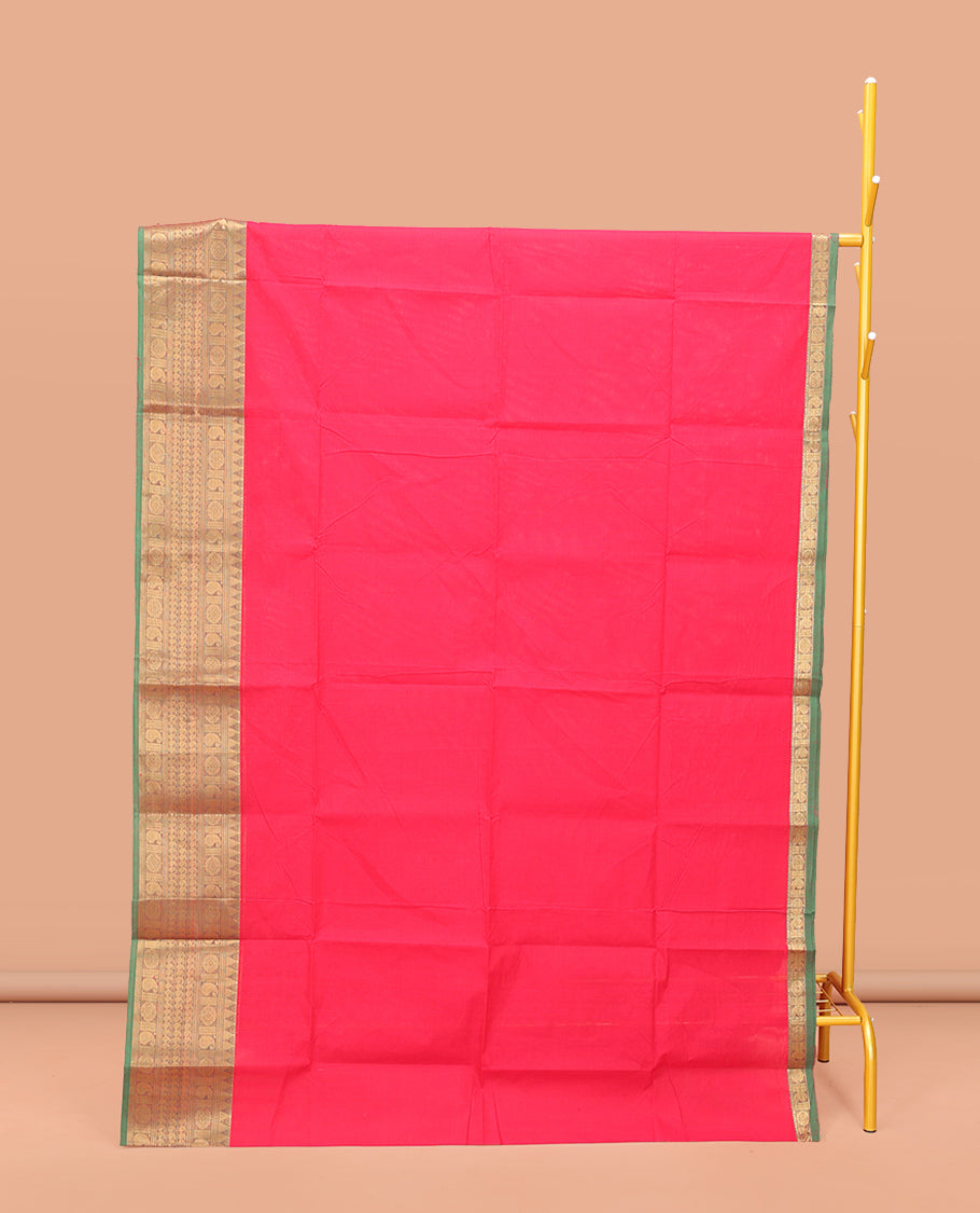 Pink Plain Chettinad Cotton Saree, Complemented by a Contrast Traditional Zari Design Woven Temple Border, Pallu of Stripes, and Paired with a Matching Blouse