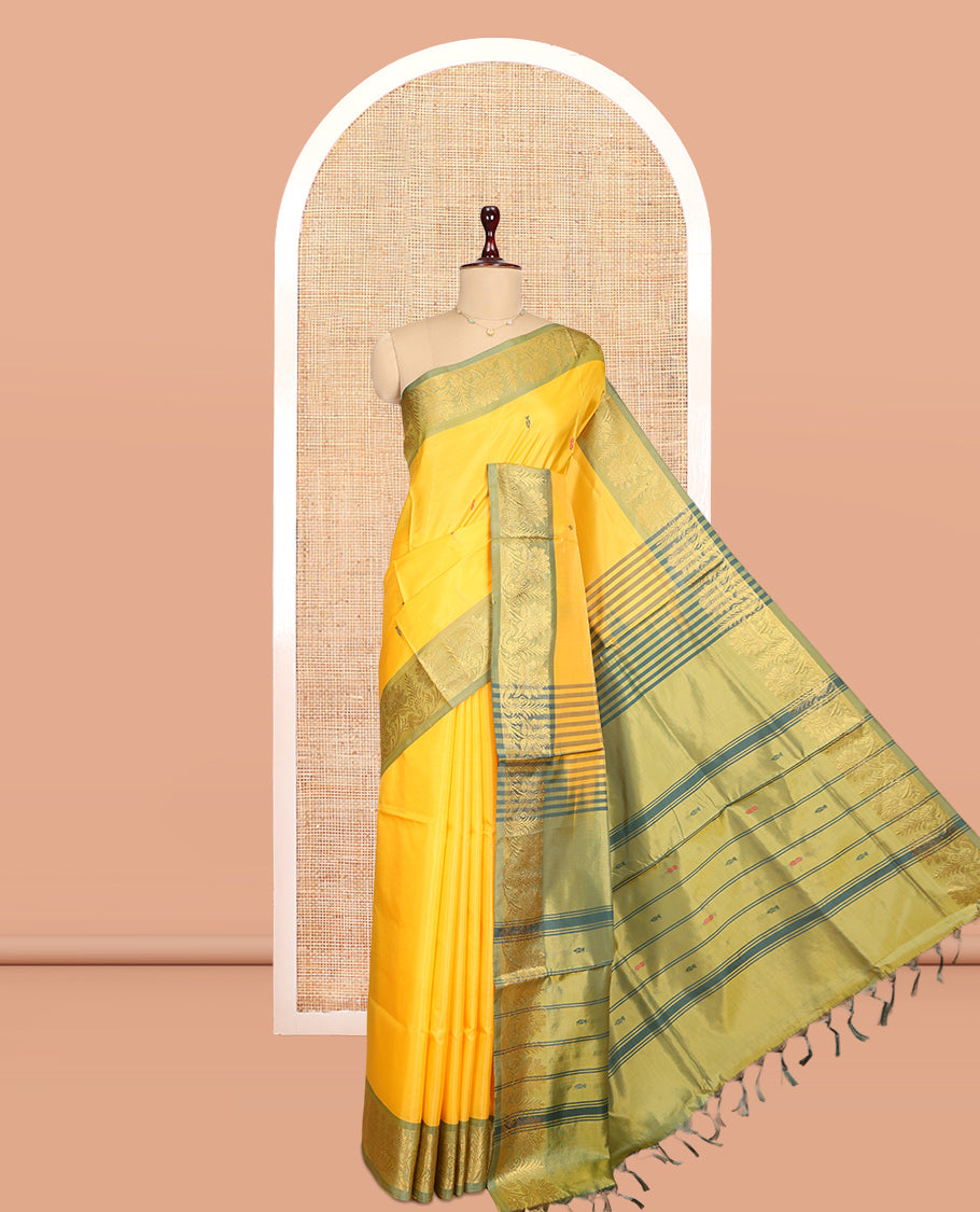 Yellow Banana Pith Saree, Woven with Buttas, a Contrast Floral Zari Border, Pallu of Stripes and Buttas, and a Contrast Blouse