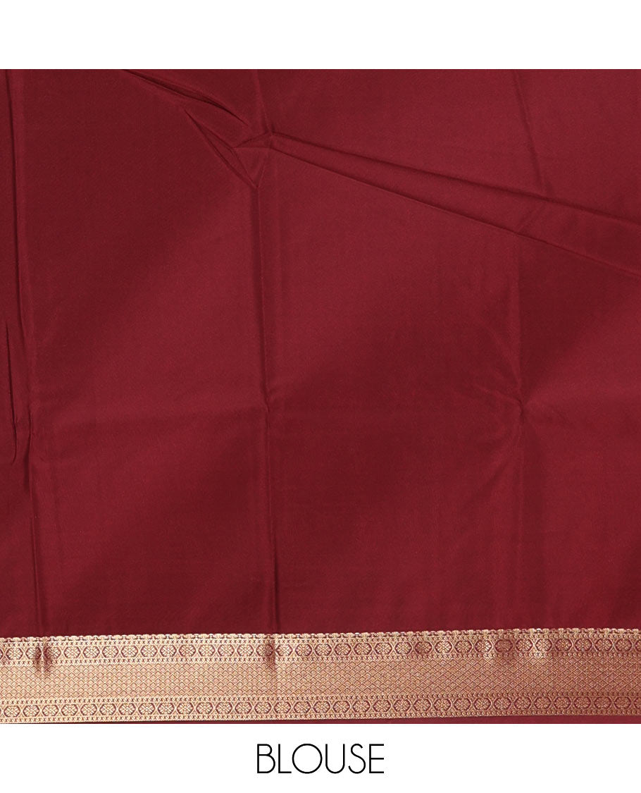 Orange deer motifs zari woven kanchi soft silk saree, contrast traditional zari design rettai pettu border, pallu of Mughal-style floral designs, and contrast plain blouse