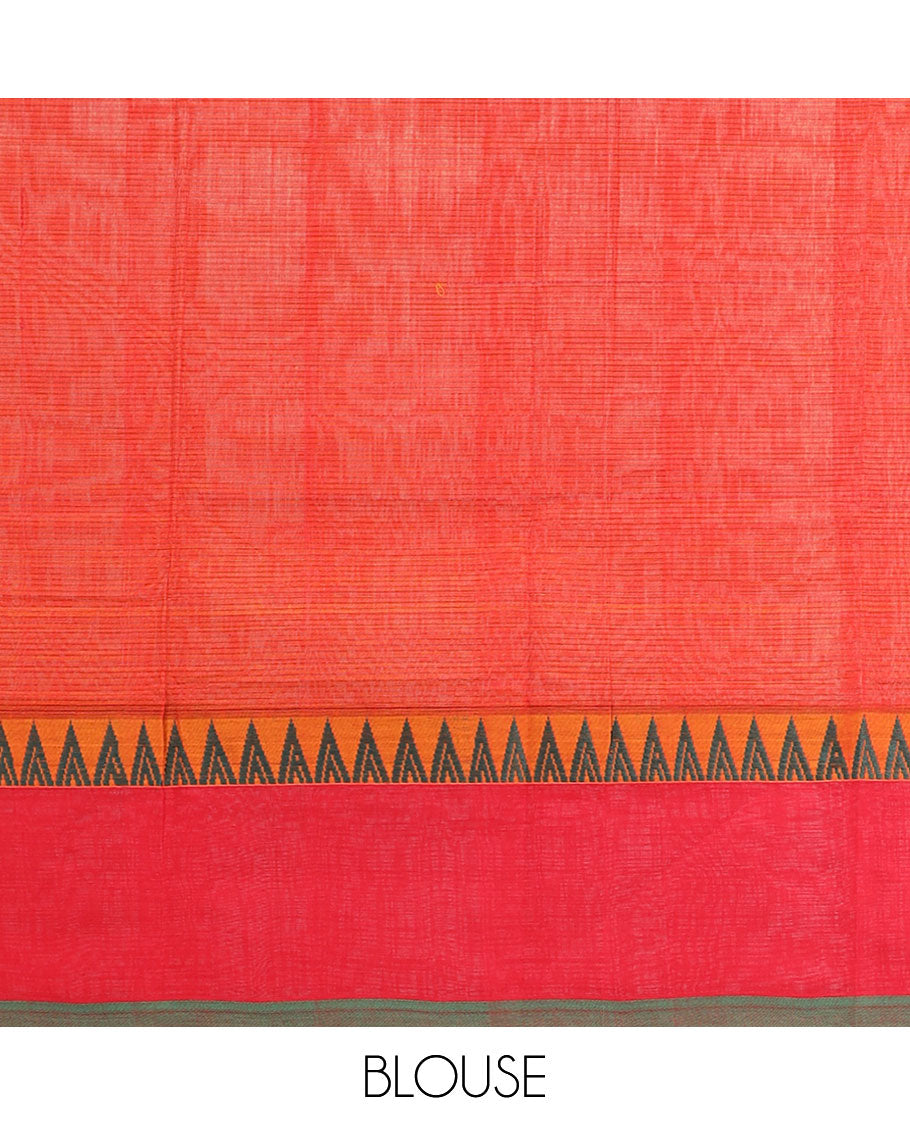Orange khadi cotton saree with contrast temple border & striped pallu
