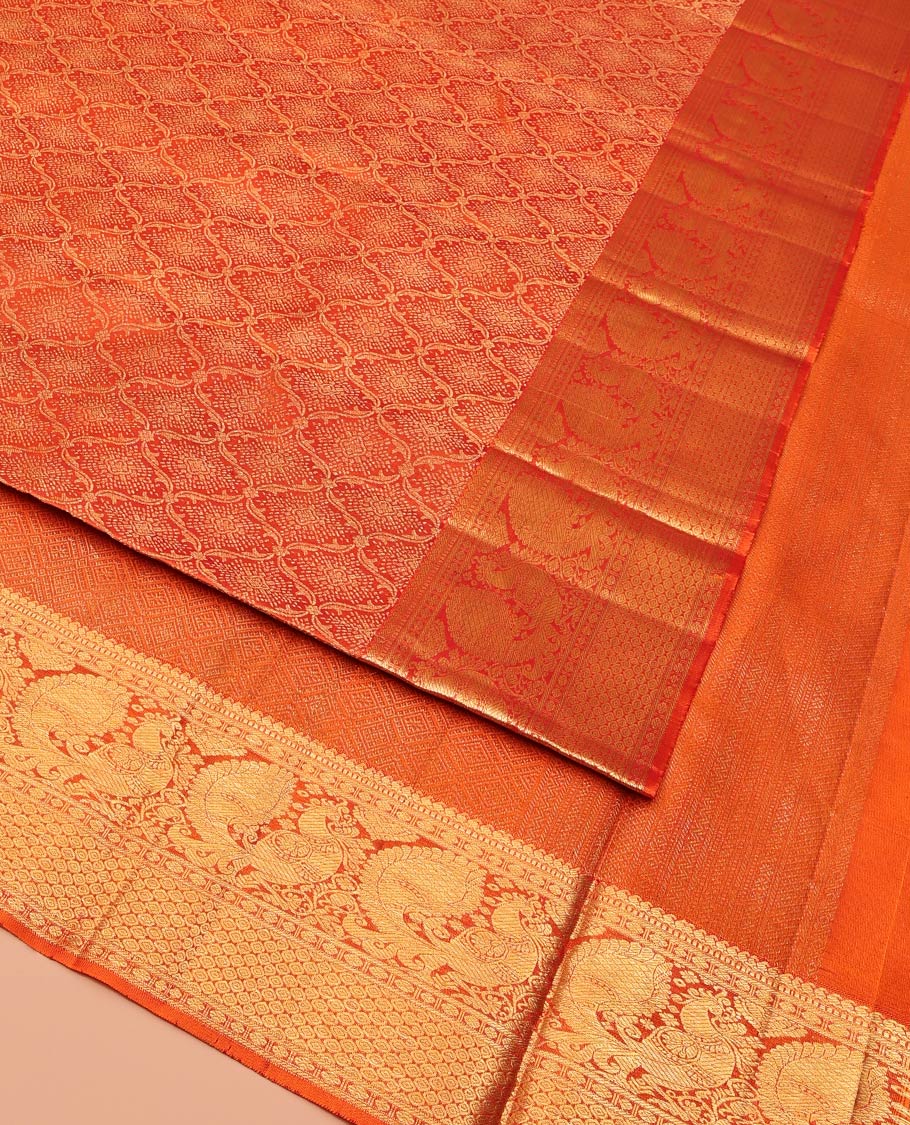 Rust Kanchipuram Wedding Silk Saree, Sparsely Woven with Jacquard Design On Its Body, Highlighted by Zari Border of Manga Mokku and Mayil Designs, Grand Jaal Pallu and Paired with a Matching Blouse