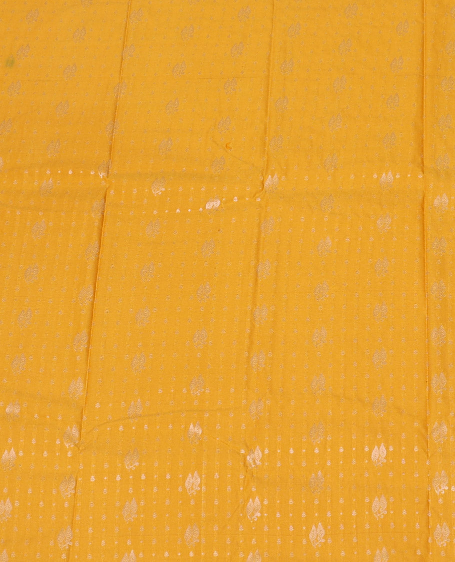 Yellow Art Silk Pavadai Material Set, Elegantly Designed Zari Designs All Over the Skirt, Complemented by a Contrast Traditional Zari Design Border, and Paired with a Contrast Blouse