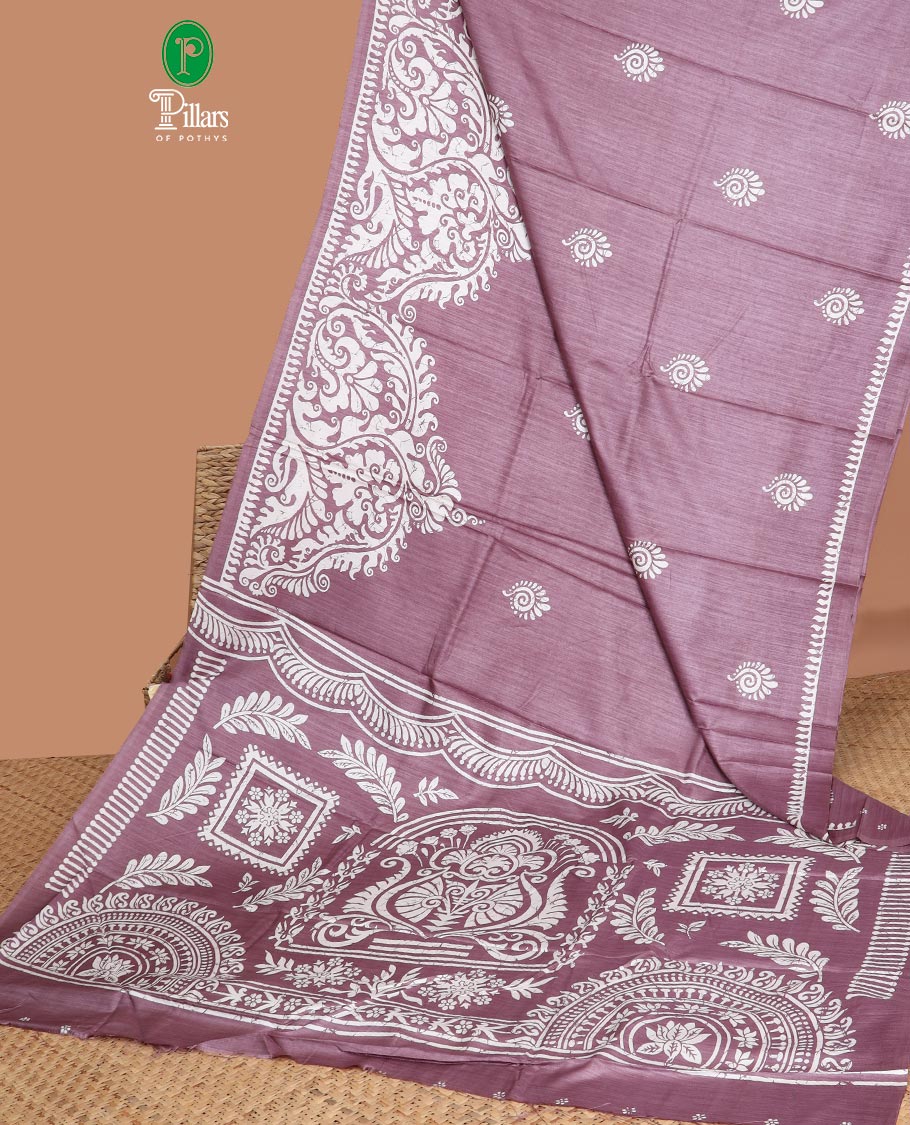Mauve all over weaving pathick printed malgudi silk saree with contrast pathick printed border & printed rich pallu & small butta printed blouse