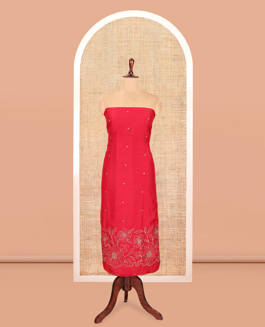 Magenta Semi-Silk Material Churidar Set, Floral Embroidered Top, a Matching Bottom, and a Scallop Foil Printed Dupatta